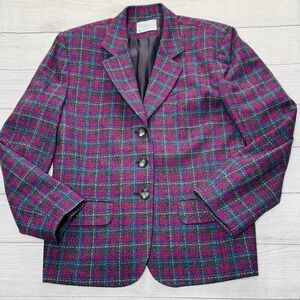 Miss Pendleton Vintage Wool‎ Tartan Plaid Blazer Jacket Colorful Gray Fuschia 12